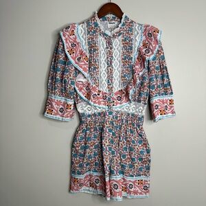 Nuuly x Place Nationale Flounce Trim Romper Cotton Linen Boho Prairie Medium